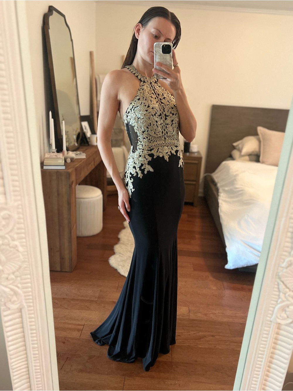 Elegant Black Evening Gown with Gold Lace Appliqué